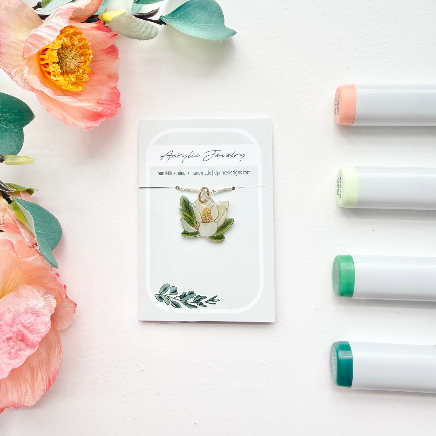 Hand-Illustrated Southern Magnolia Flower | Handmade Acrylic Necklace