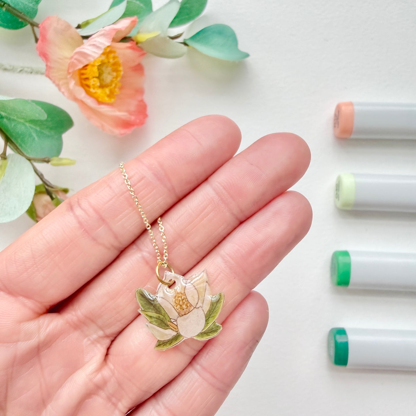 Hand-Illustrated Southern Magnolia Flower | Handmade Acrylic Necklace