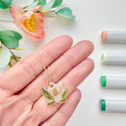 Hand-Illustrated Southern Magnolia Flower | Handmade Acrylic Necklace