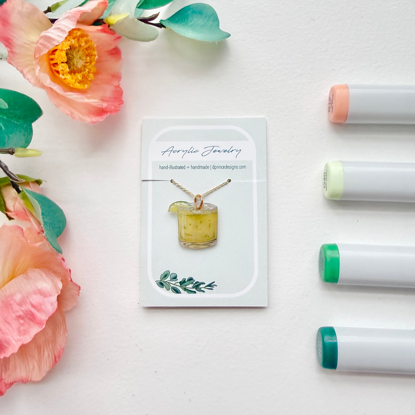 Hand-Illustrated Margarita Cocktail | Handmade Acrylic Necklace