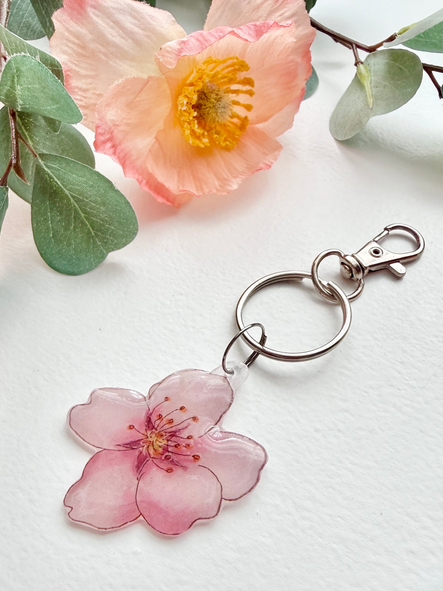 Hand-Illustrated Cherry Blossom Flower | Handmade Acrylic + Resin Keychain