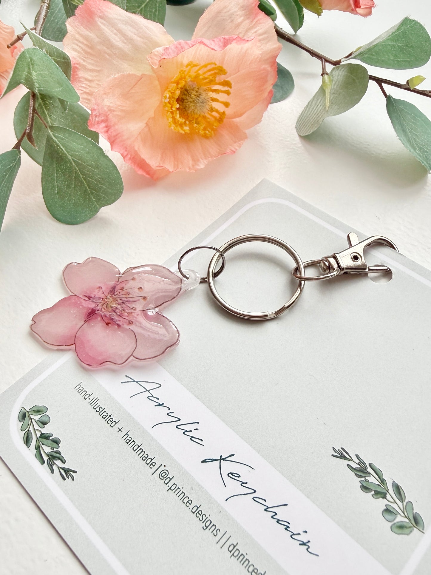 Hand-Illustrated Cherry Blossom Flower | Handmade Acrylic + Resin Keychain