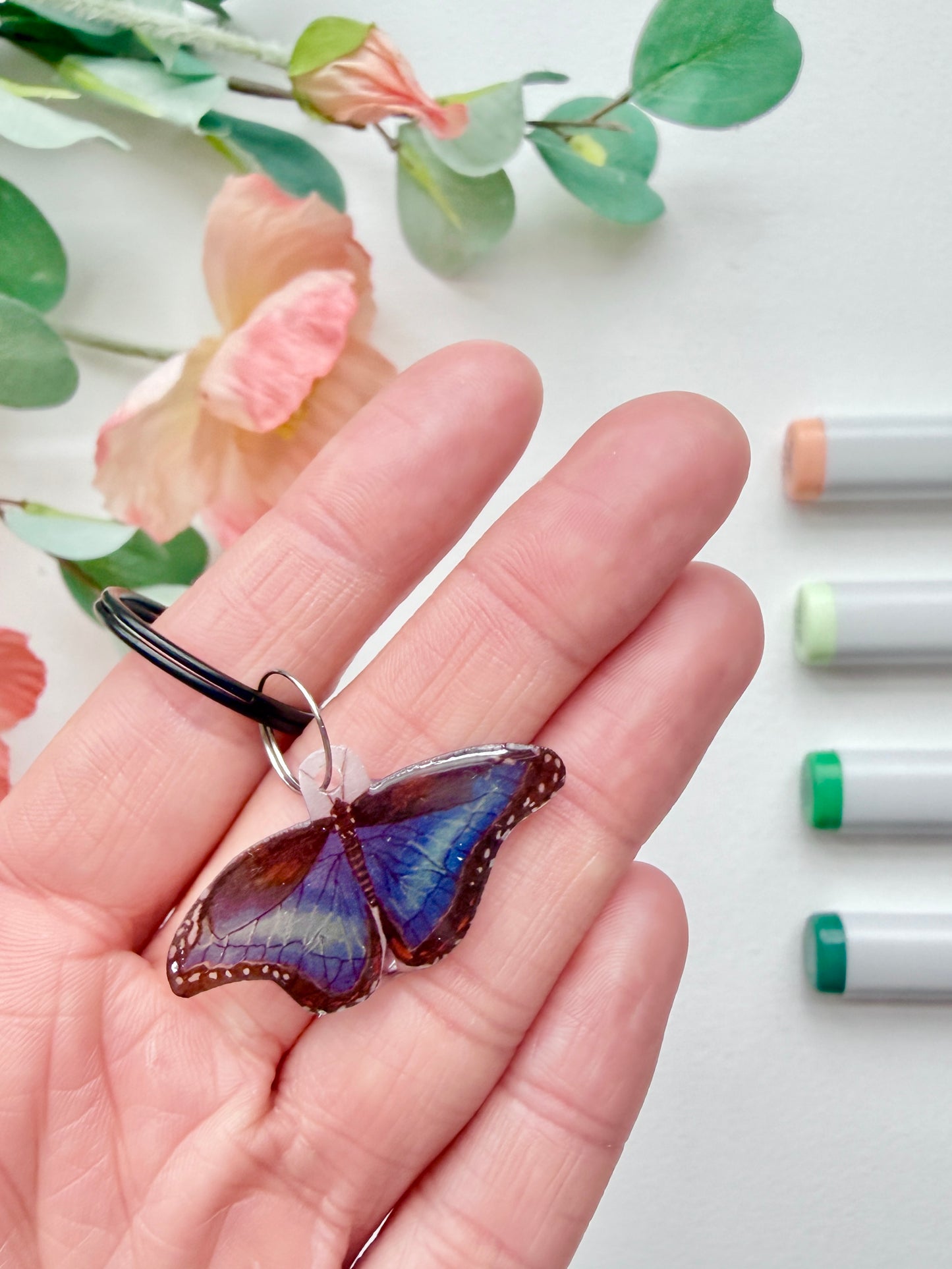 Hand-Illustrated Blue Morpho Butterfly | Handmade Acrylic + Resin Keychain/Bag Charm