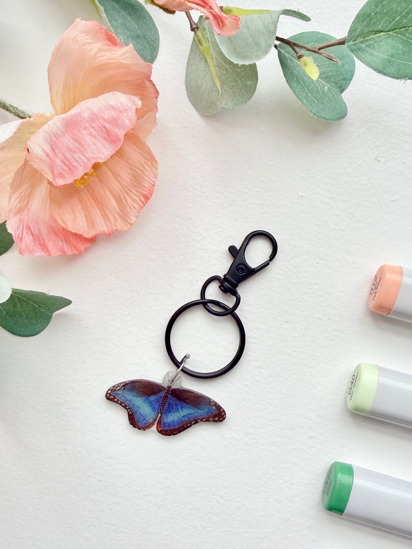 Hand-Illustrated Blue Morpho Butterfly | Handmade Acrylic + Resin Keychain/Bag Charm