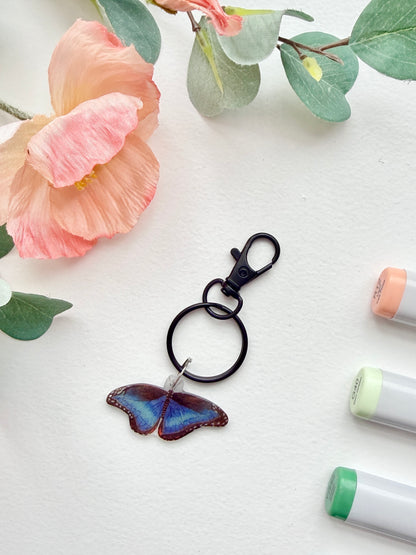 Hand-Illustrated Blue Morpho Butterfly | Handmade Acrylic + Resin Keychain/Bag Charm