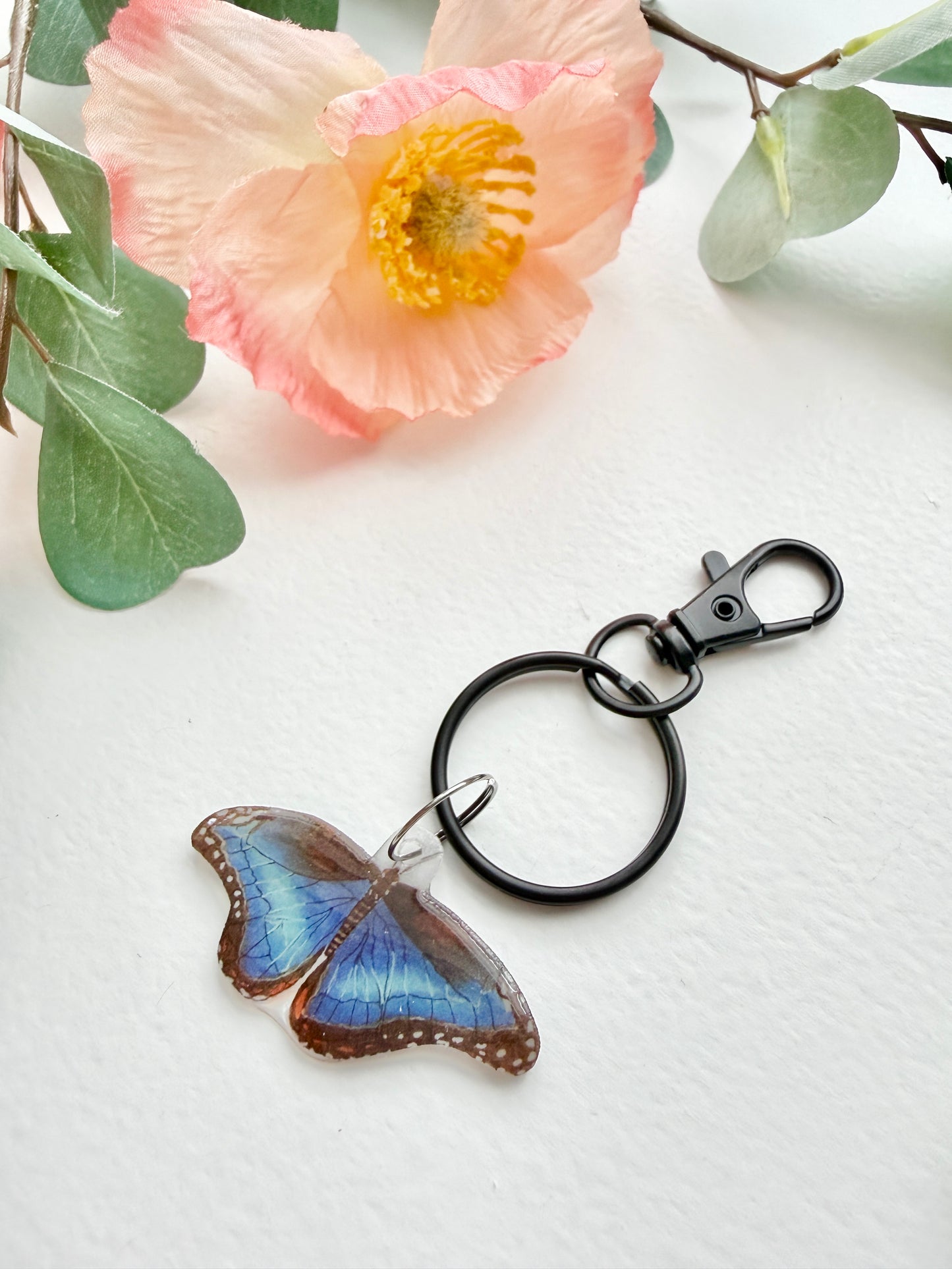 Hand-Illustrated Blue Morpho Butterfly | Handmade Acrylic + Resin Keychain/Bag Charm