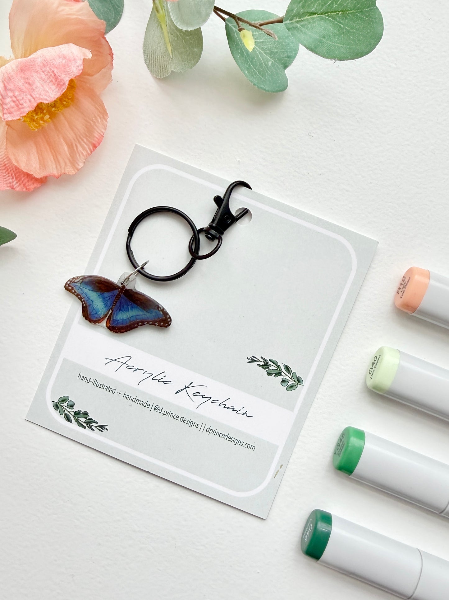Hand-Illustrated Blue Morpho Butterfly | Handmade Acrylic + Resin Keychain/Bag Charm