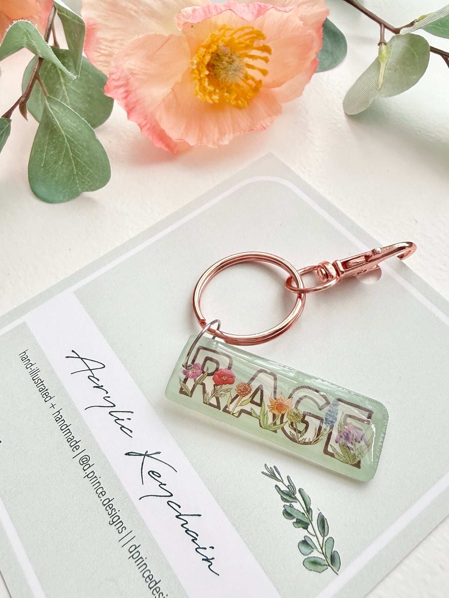 Hand-Illustrated Rage with Rainbow Flowers | Handmade Acrylic + Resin Keychain