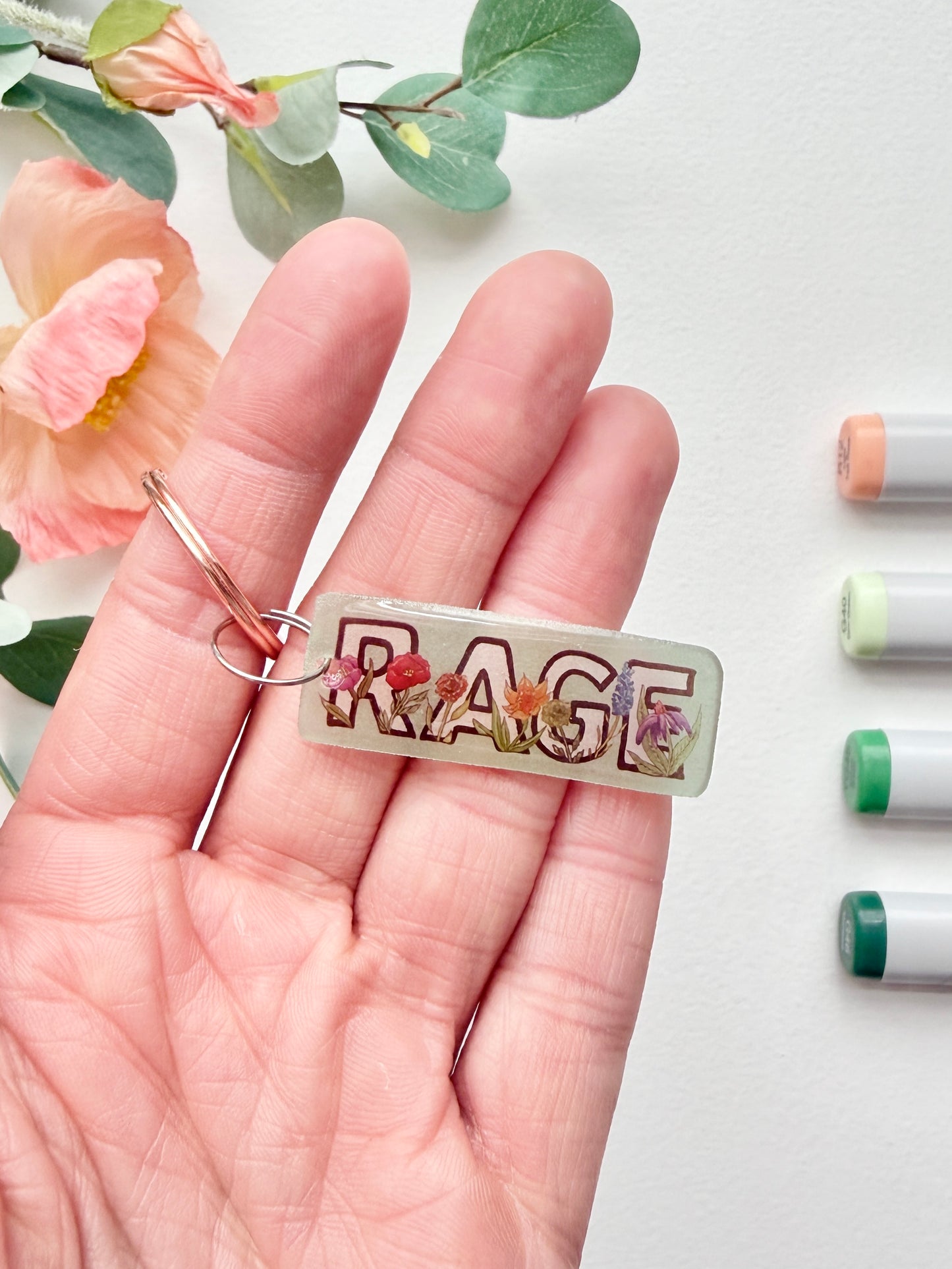 Hand-Illustrated Rage with Rainbow Flowers | Handmade Acrylic + Resin Keychain