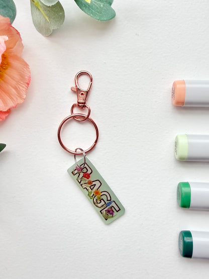 Hand-Illustrated Rage with Rainbow Flowers | Handmade Acrylic + Resin Keychain