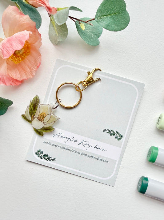 Hand-Illustrated Southern Magnolia Flower | Handmade Acrylic + Resin Keychain