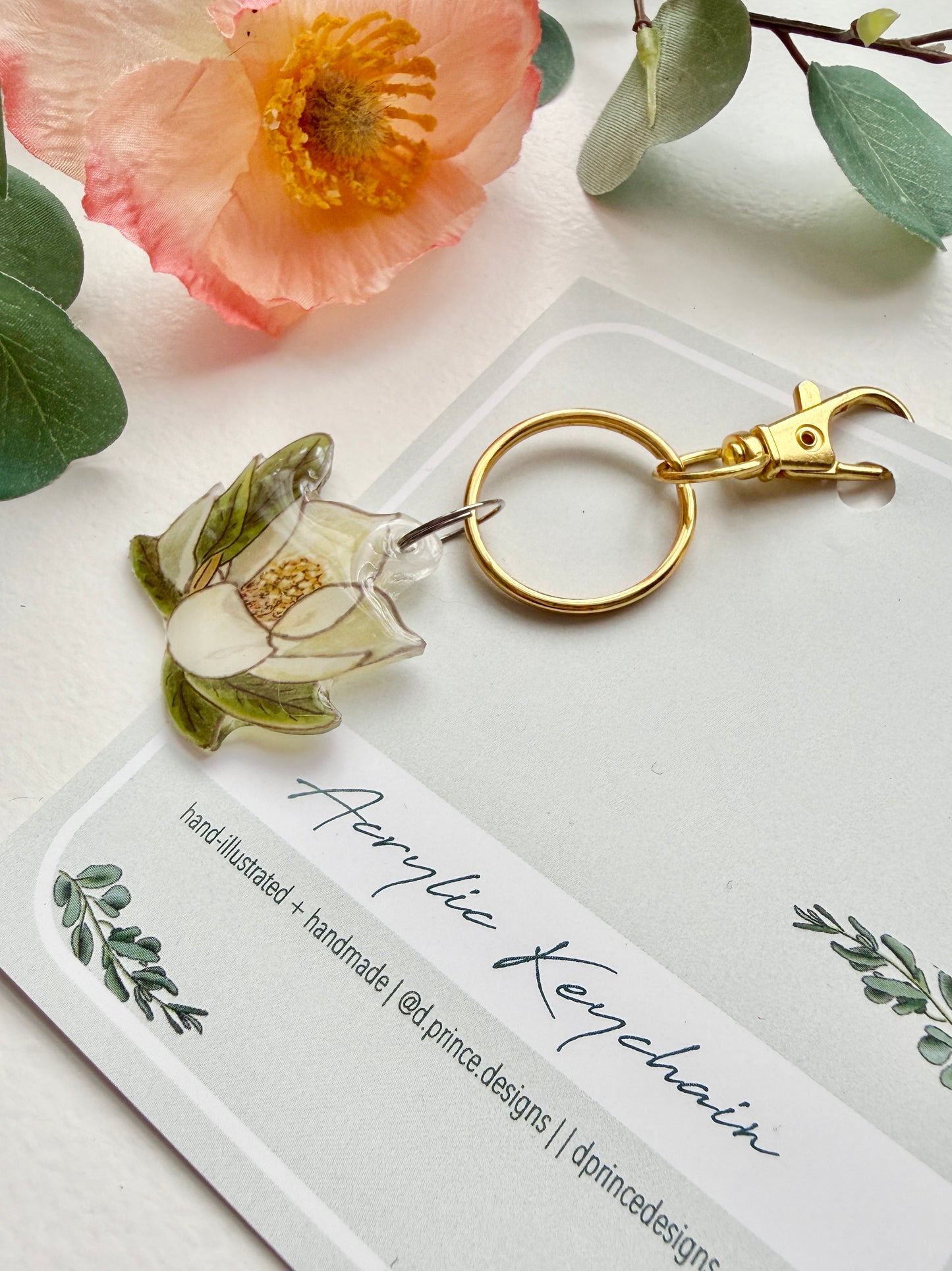 Hand-Illustrated Southern Magnolia Flower | Handmade Acrylic + Resin Keychain