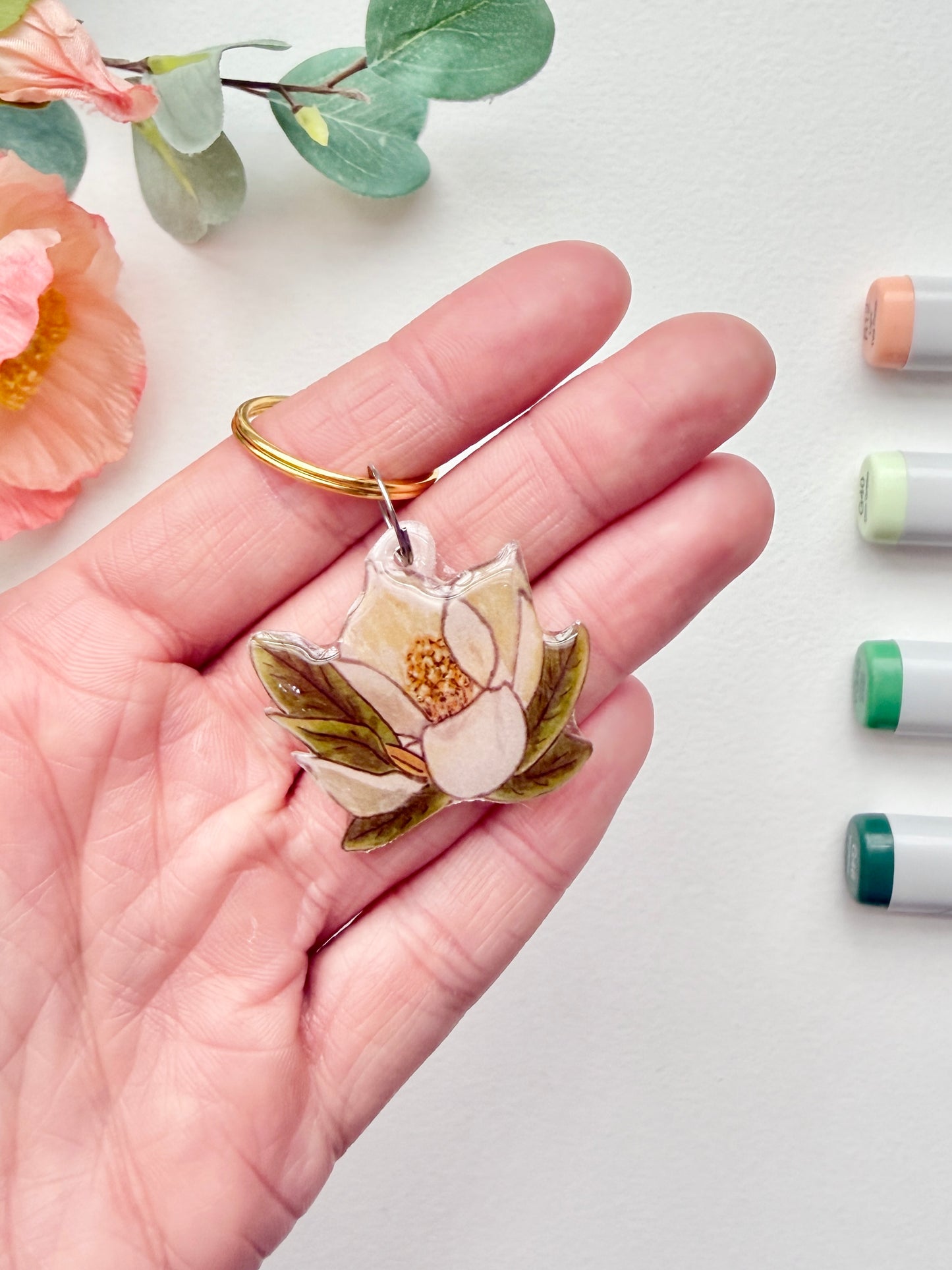 Hand-Illustrated Southern Magnolia Flower | Handmade Acrylic + Resin Keychain