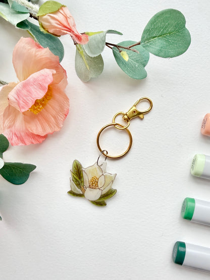Hand-Illustrated Southern Magnolia Flower | Handmade Acrylic + Resin Keychain