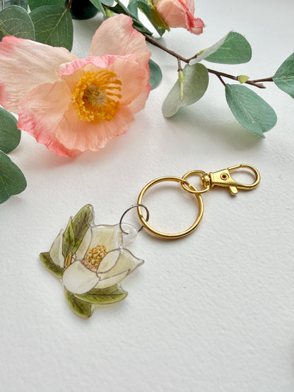Hand-Illustrated Southern Magnolia Flower | Handmade Acrylic + Resin Keychain