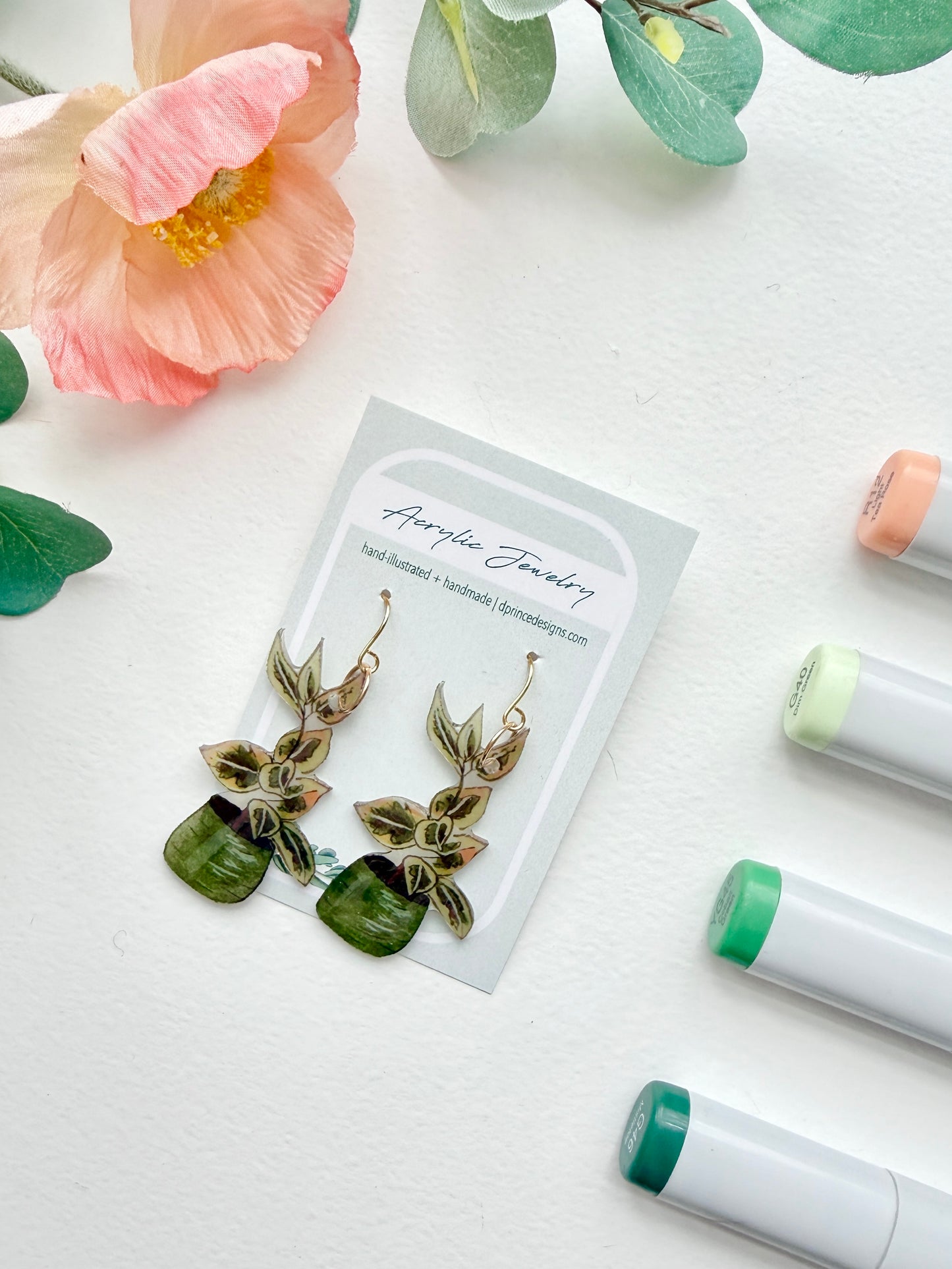 Hand-Illustrated Ficus Houseplants | Handmade Acrylic + Resin Dangle Earrings