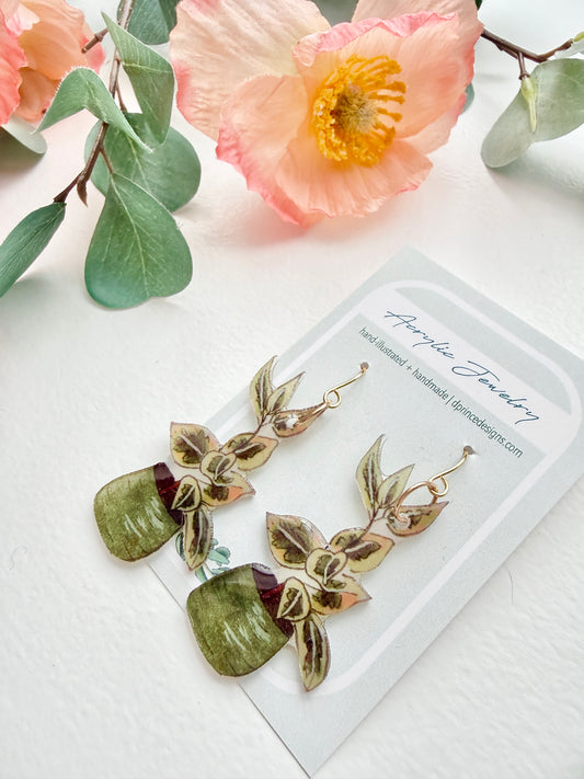 Hand-Illustrated Ficus Houseplants | Handmade Acrylic + Resin Dangle Earrings