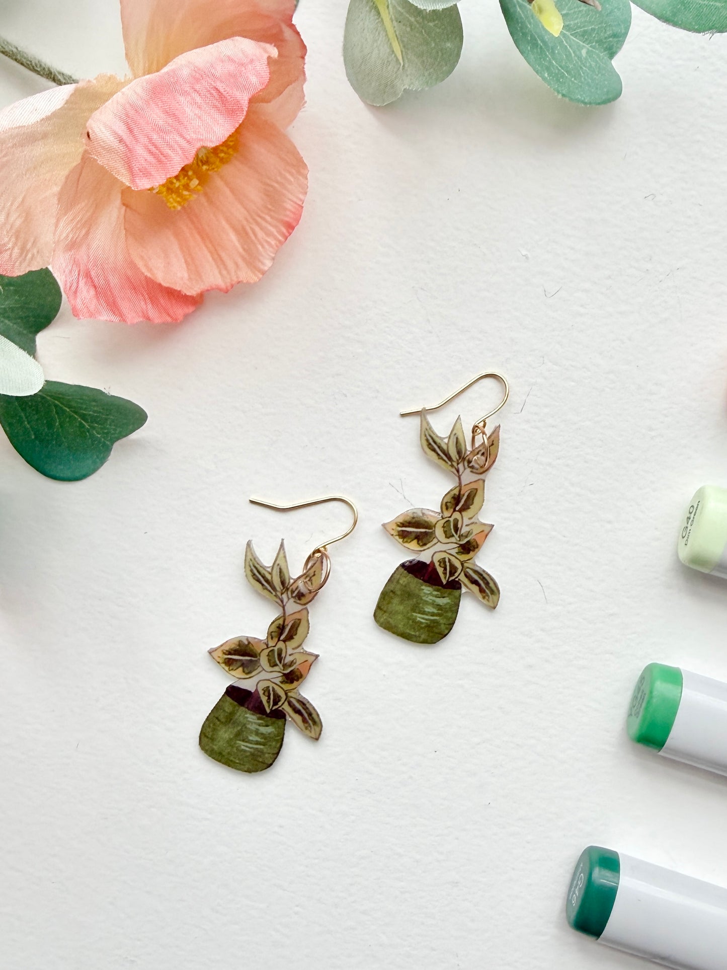 Hand-Illustrated Ficus Houseplants | Handmade Acrylic + Resin Dangle Earrings