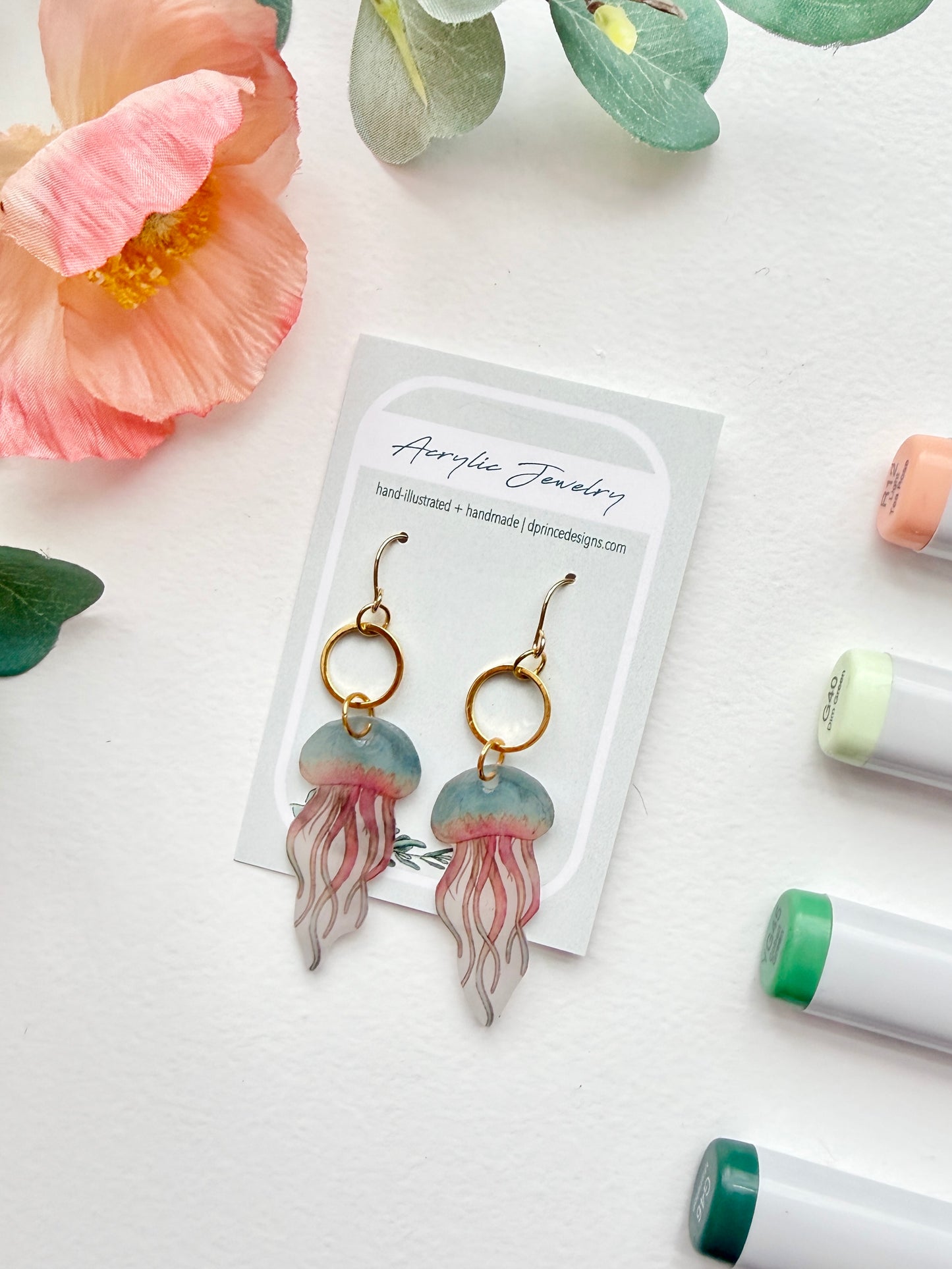Hand-Illustrated Jellyfish | Handmade Acrylic + Resin Dangle Earrings