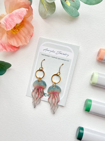 Hand-Illustrated Jellyfish | Handmade Acrylic + Resin Dangle Earrings