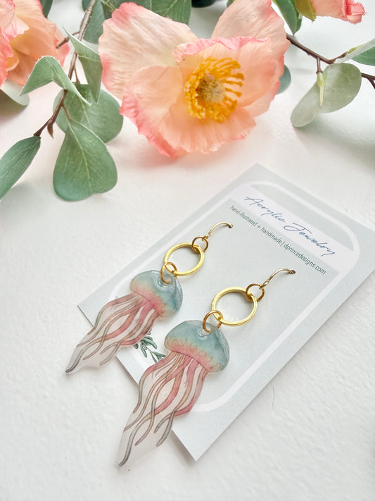 Hand-Illustrated Jellyfish | Handmade Acrylic + Resin Dangle Earrings