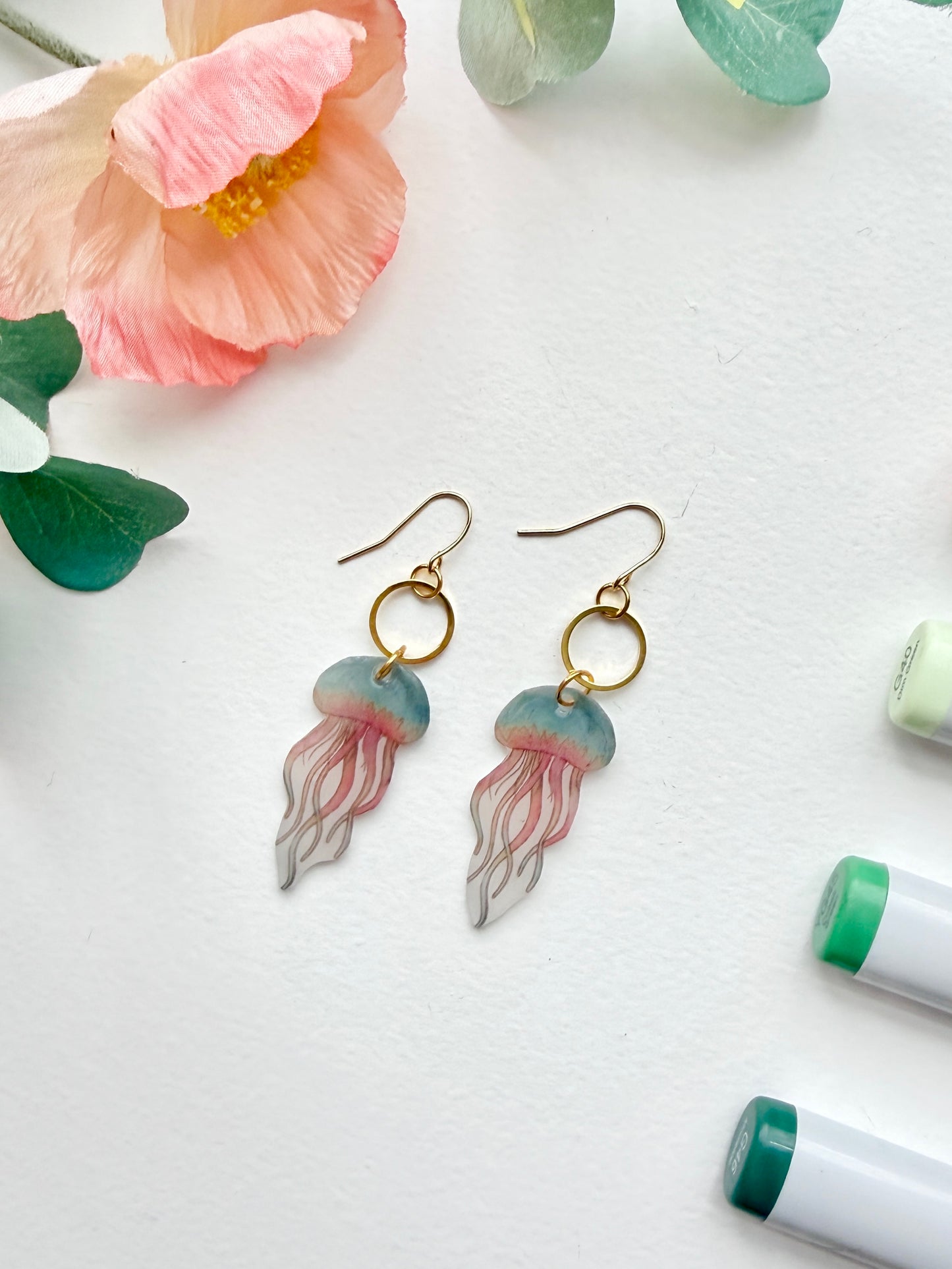 Hand-Illustrated Jellyfish | Handmade Acrylic + Resin Dangle Earrings