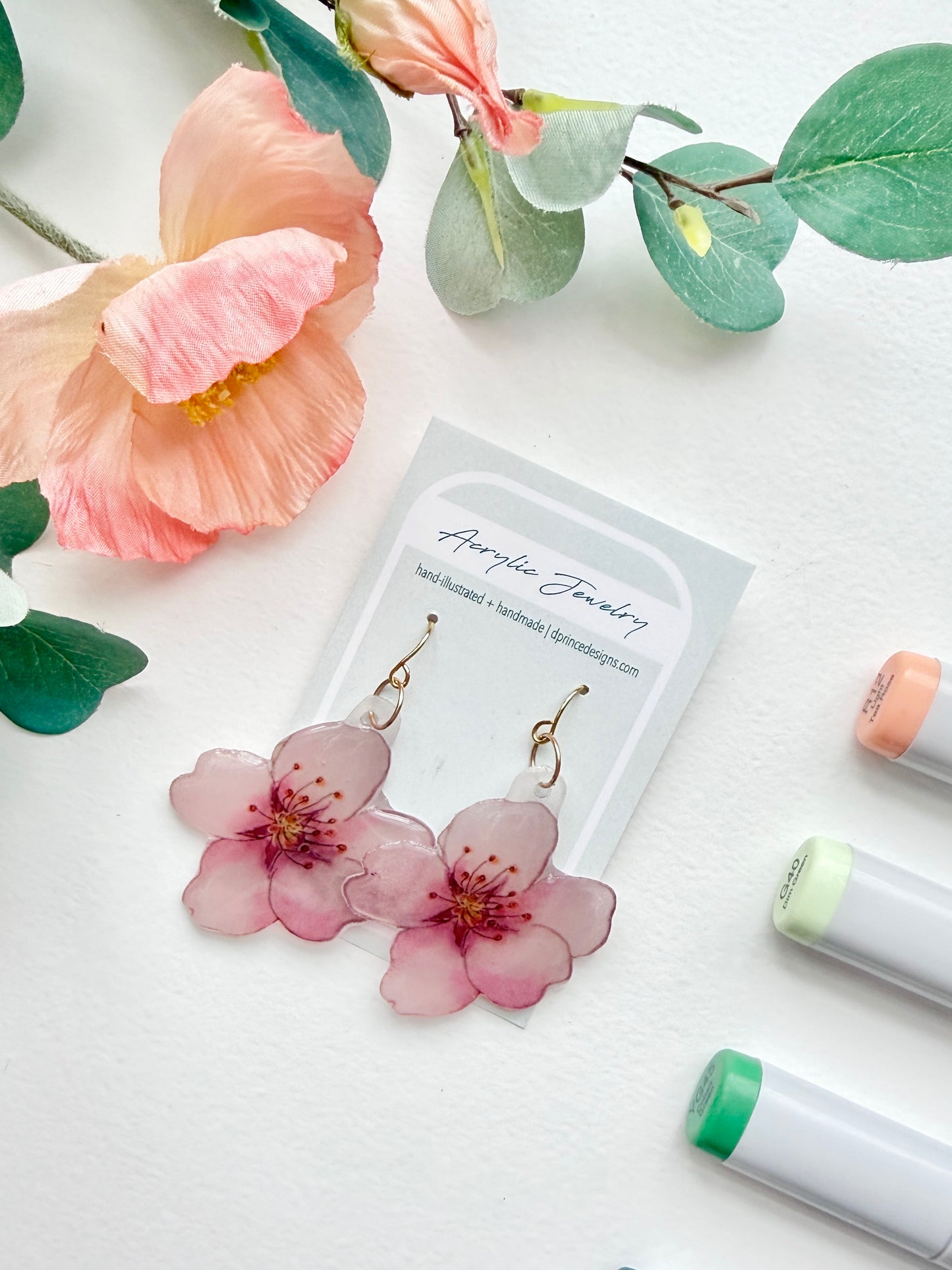 Hand-Illustrated Cherry Blossoms | Handmade Acrylic + Resin Dangle Earrings