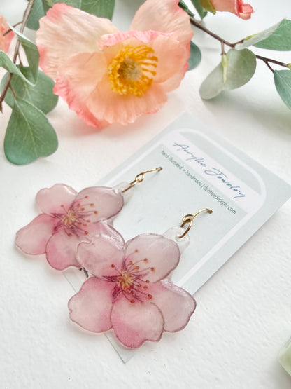 Hand-Illustrated Cherry Blossoms | Handmade Acrylic + Resin Dangle Earrings
