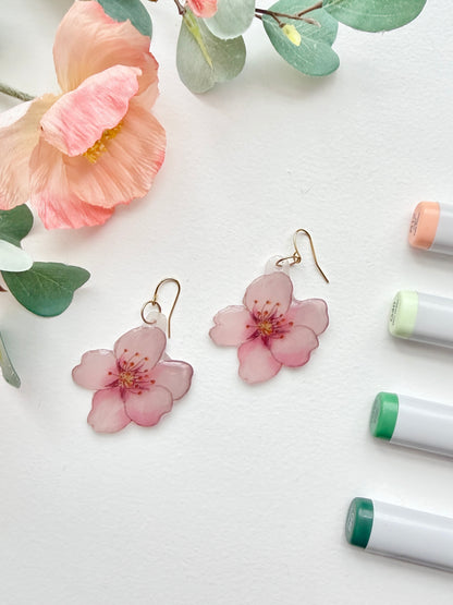 Hand-Illustrated Cherry Blossoms | Handmade Acrylic + Resin Dangle Earrings