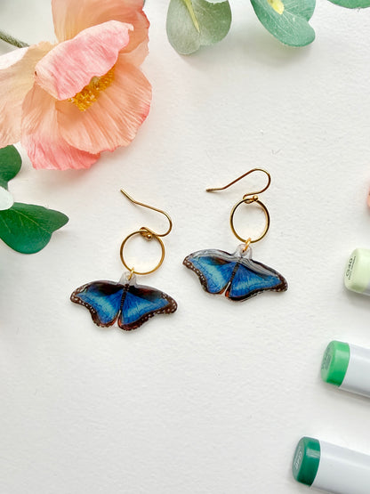 Hand-Illustrated Blue Morpho Butterfly | Handmade Acrylic + Resin Dangle Earrings