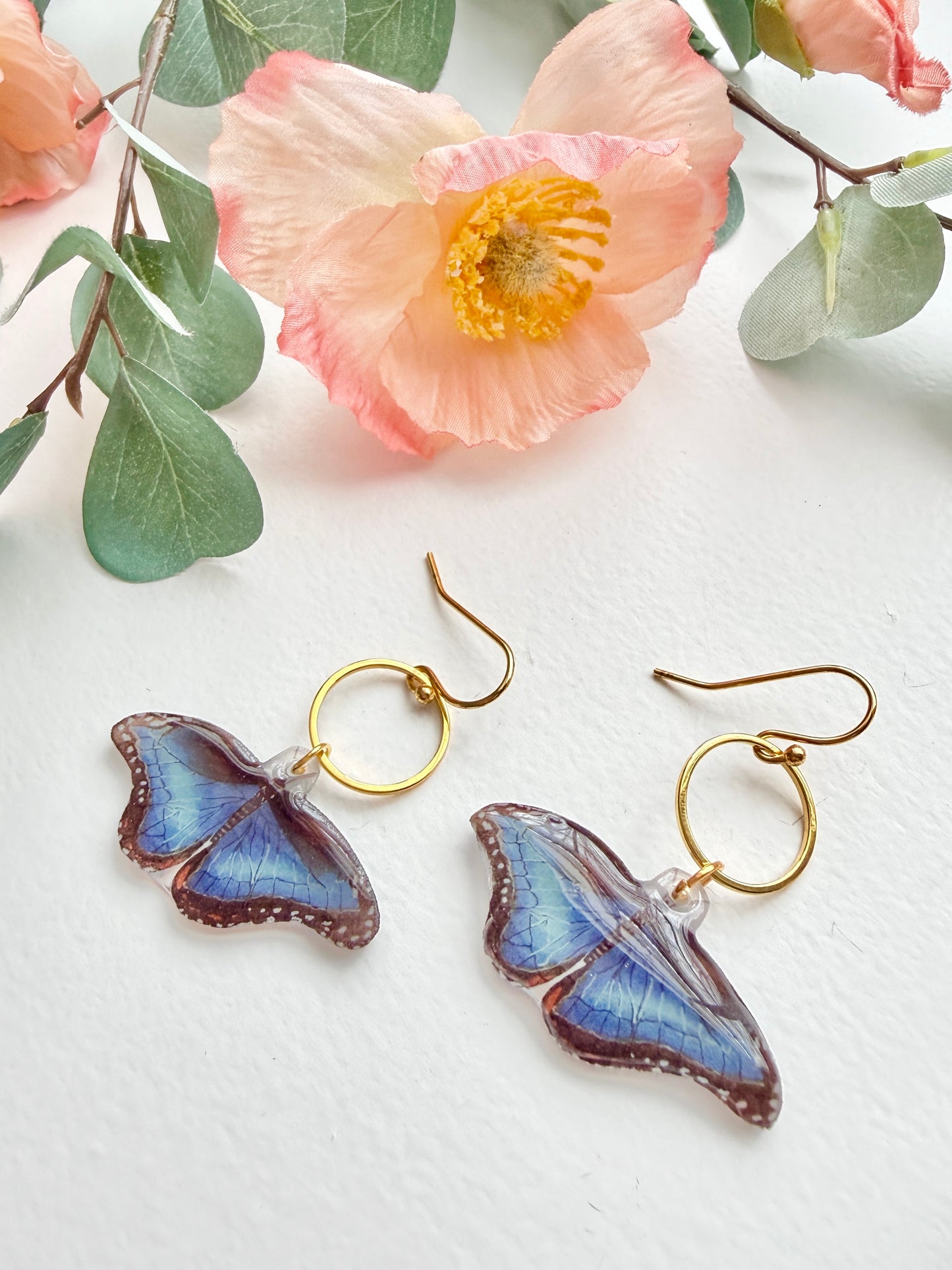 Hand-Illustrated Blue Morpho Butterfly | Handmade Acrylic + Resin Dangle Earrings