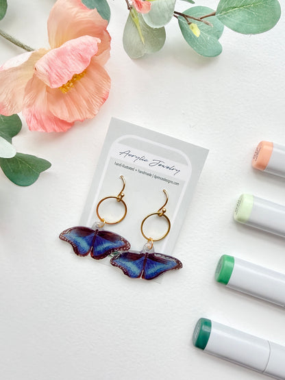 Hand-Illustrated Blue Morpho Butterfly | Handmade Acrylic + Resin Dangle Earrings