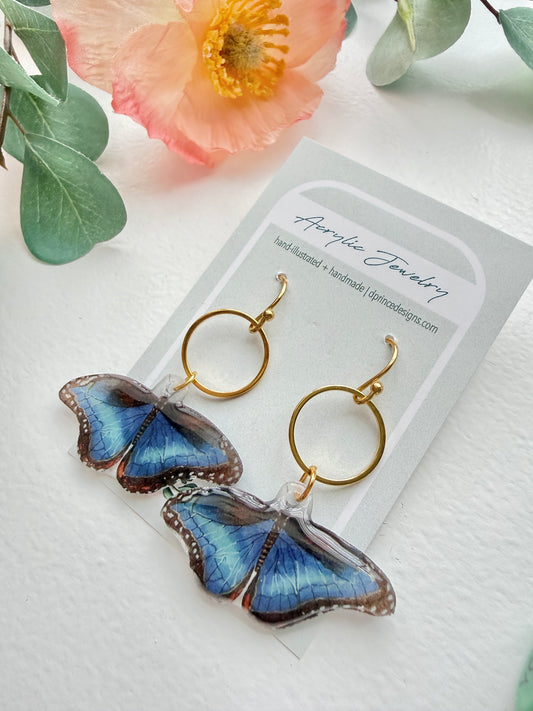 Hand-Illustrated Blue Morpho Butterfly | Handmade Acrylic + Resin Dangle Earrings