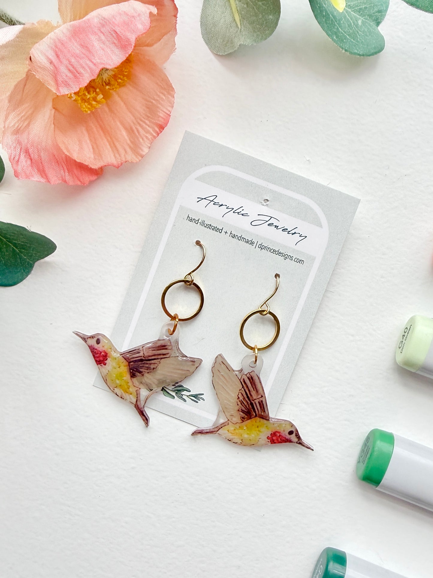 Hand-Illustrated Hummingbirds | Handmade Acrylic + Resin Dangle Earrings