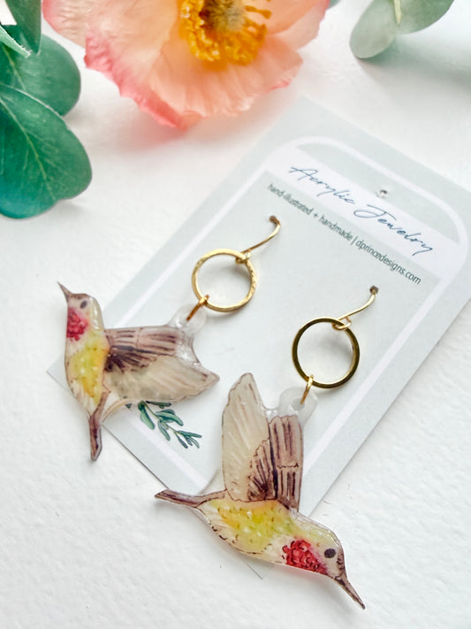 Hand-Illustrated Hummingbirds | Handmade Acrylic + Resin Dangle Earrings