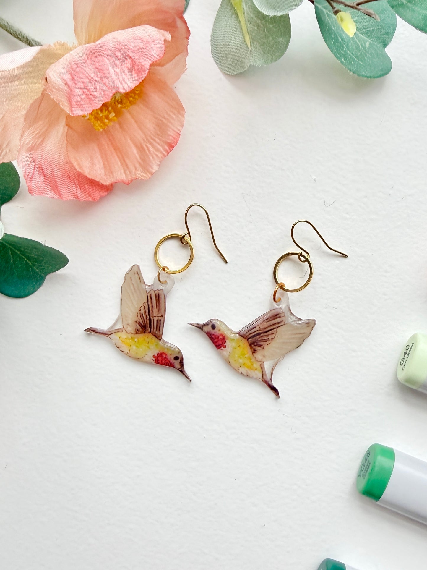 Hand-Illustrated Hummingbirds | Handmade Acrylic + Resin Dangle Earrings