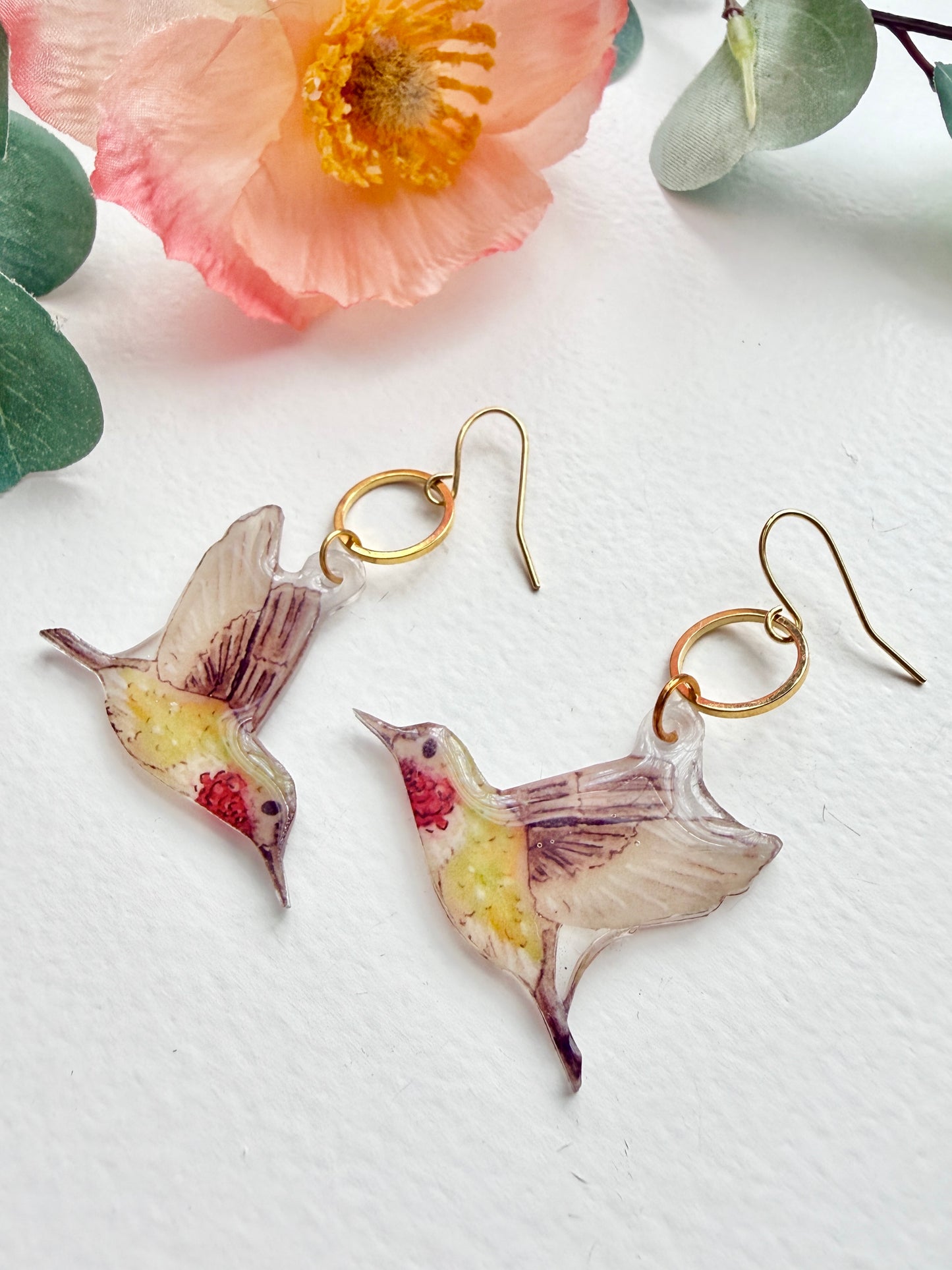 Hand-Illustrated Hummingbirds | Handmade Acrylic + Resin Dangle Earrings
