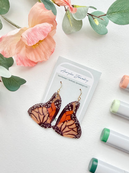 Hand-Illustrated Monarch Butterflies | Handmade Acrylic + Resin Dangle Earrings