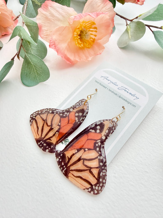 Hand-Illustrated Monarch Butterflies | Handmade Acrylic + Resin Dangle Earrings