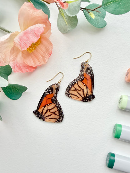Hand-Illustrated Monarch Butterflies | Handmade Acrylic + Resin Dangle Earrings