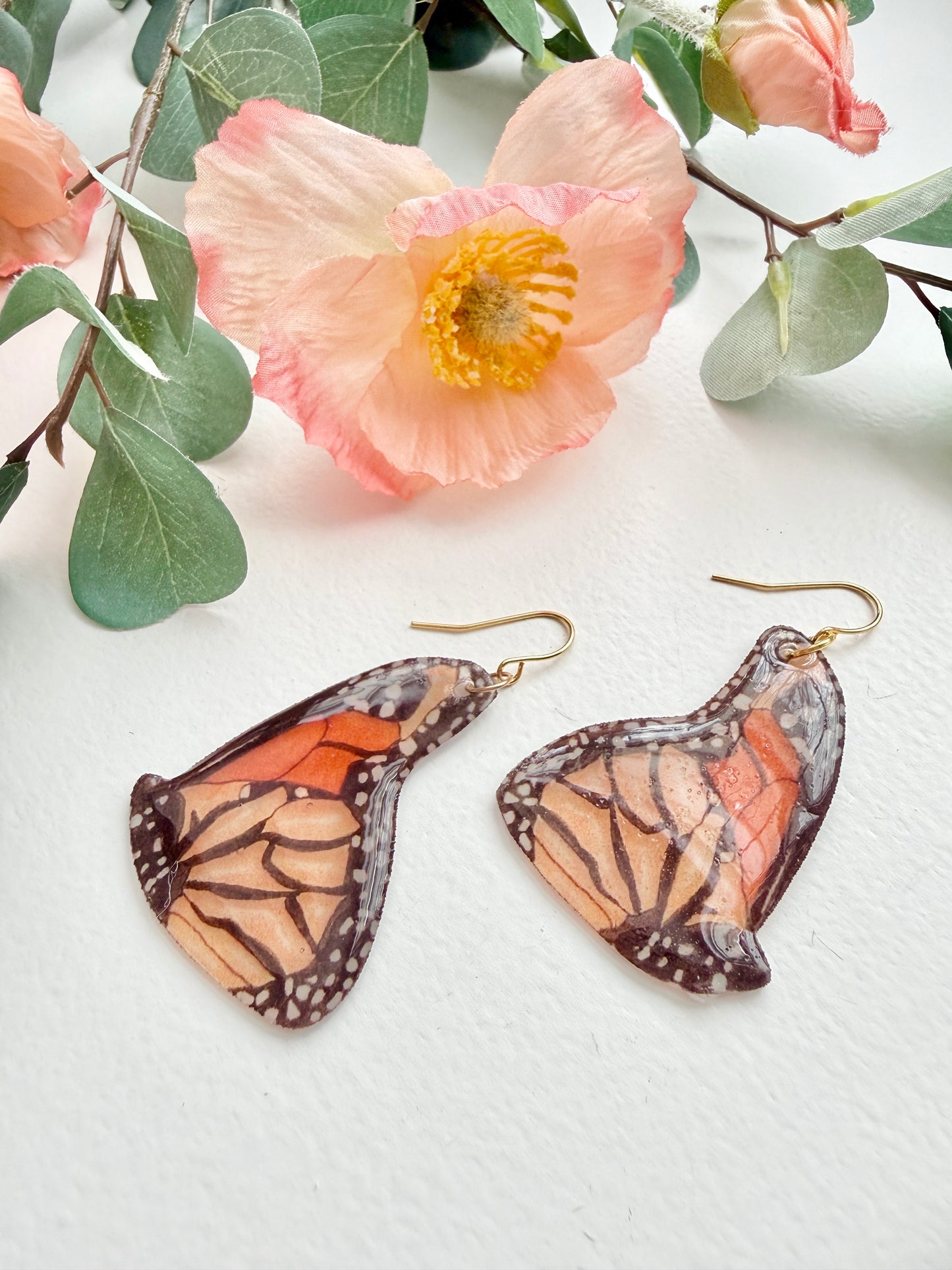 Hand-Illustrated Monarch Butterflies | Handmade Acrylic + Resin Dangle Earrings