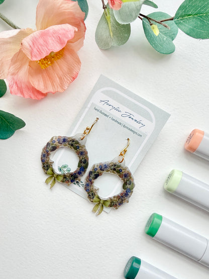 Hand-Illustrated Wreaths | Handmade Acrylic + Resin Dangle Earrings
