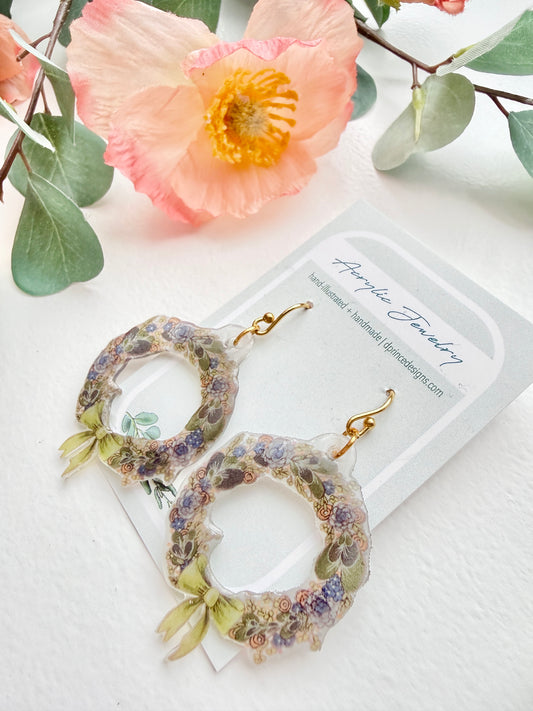 Hand-Illustrated Wreaths | Handmade Acrylic + Resin Dangle Earrings