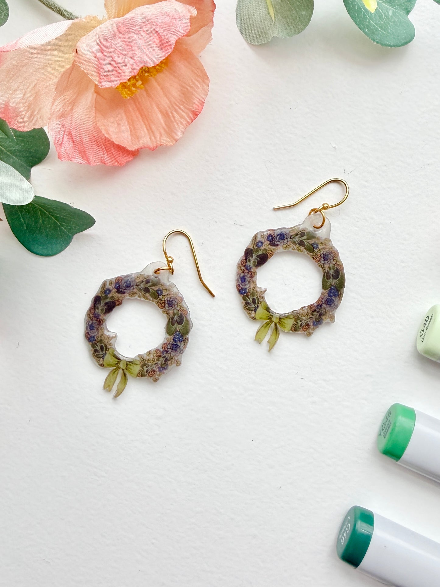 Hand-Illustrated Wreaths | Handmade Acrylic + Resin Dangle Earrings