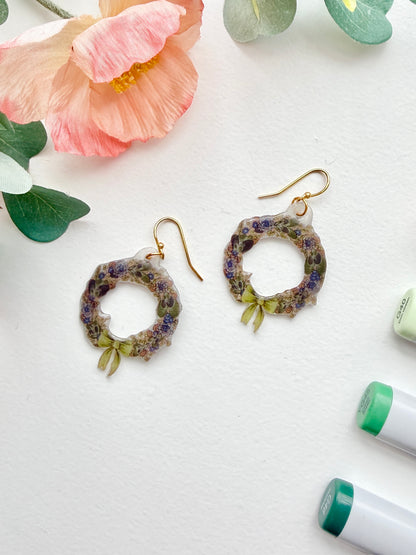 Hand-Illustrated Wreaths | Handmade Acrylic + Resin Dangle Earrings