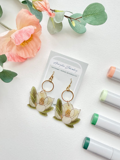 Hand-Illustrated Southern Magnolia Flowers | Handmade Acrylic + Resin Dangle Earrings