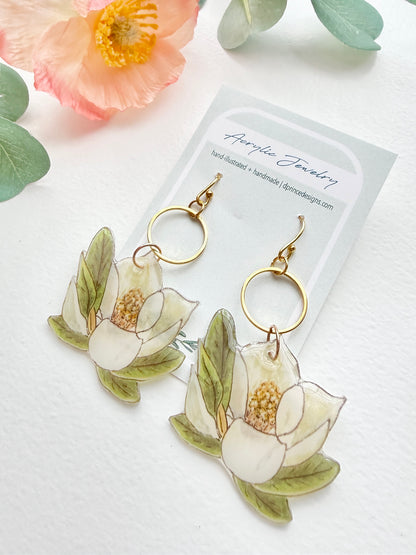 Hand-Illustrated Southern Magnolia Flowers | Handmade Acrylic + Resin Dangle Earrings