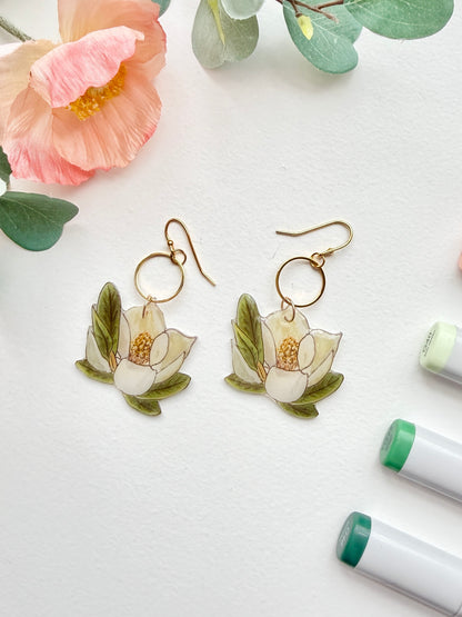Hand-Illustrated Southern Magnolia Flowers | Handmade Acrylic + Resin Dangle Earrings