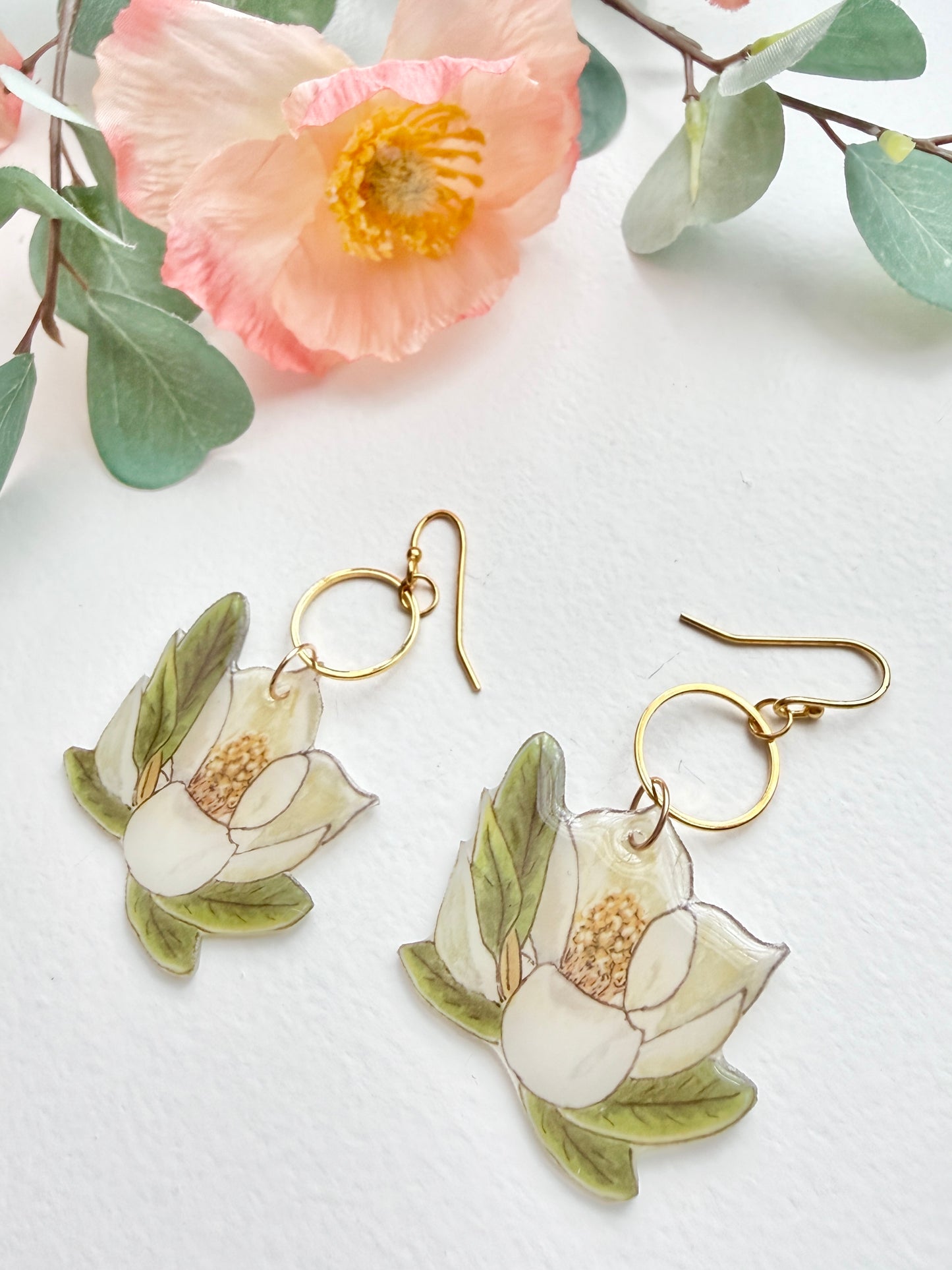 Hand-Illustrated Southern Magnolia Flowers | Handmade Acrylic + Resin Dangle Earrings