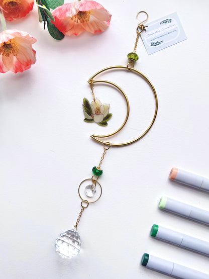 Handmade + Hand-Illustrated Southern Magnolia Flower Suncatcher with Green Beads